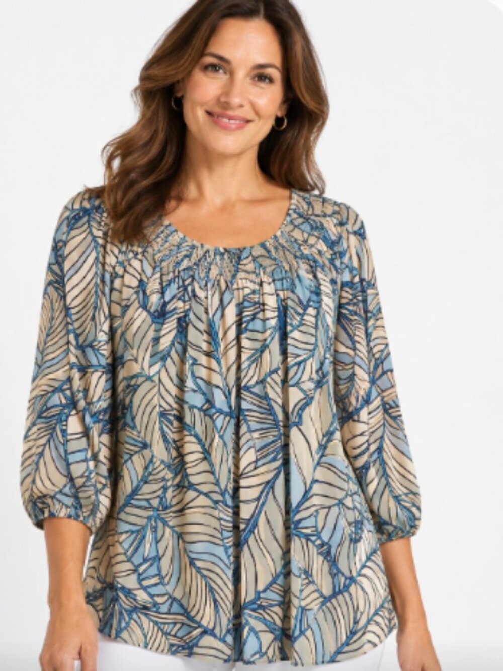 Susan Graver Printed Liquid Knit Smock-Neck Top Blouse Size 2X